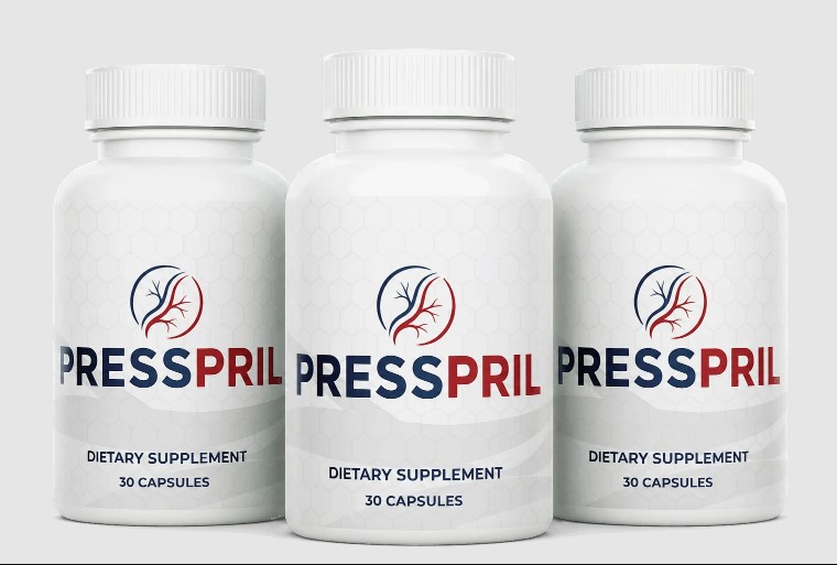 Three real PressPril dietary supplement bottles from the supplied product photograph