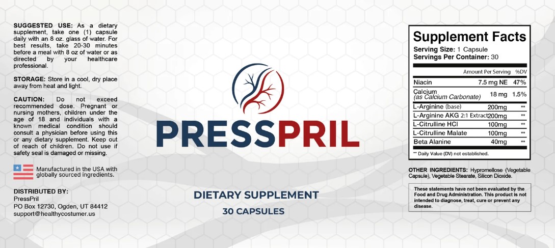 Original PressPril label showing supplement facts, suggested use, storage, and cautions